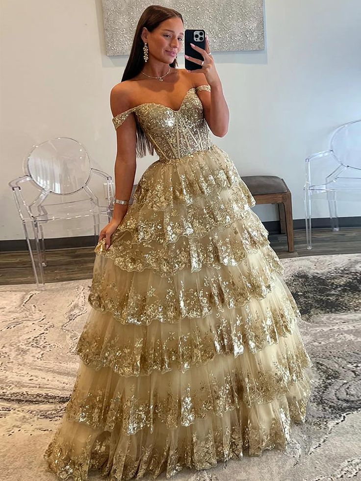 Gold A-Line Tulle Gold Sequin Long Prom Dress, Gold Long Evening Dress fg5526