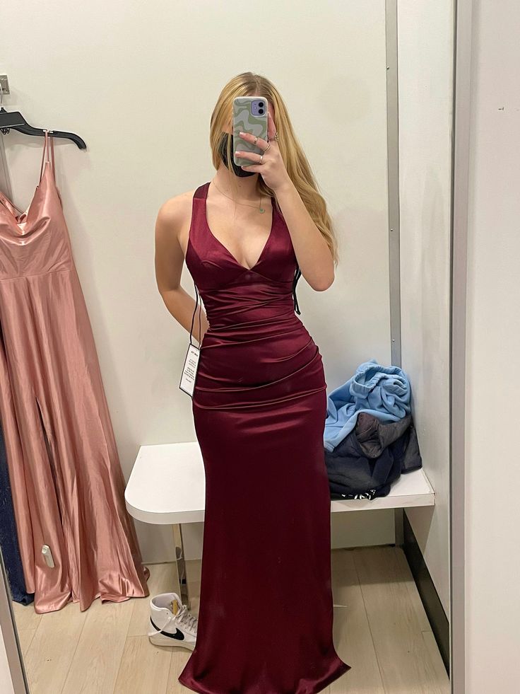 Simple Burgundy V Neck Long Party Dress Formal Prom Dress fg6917