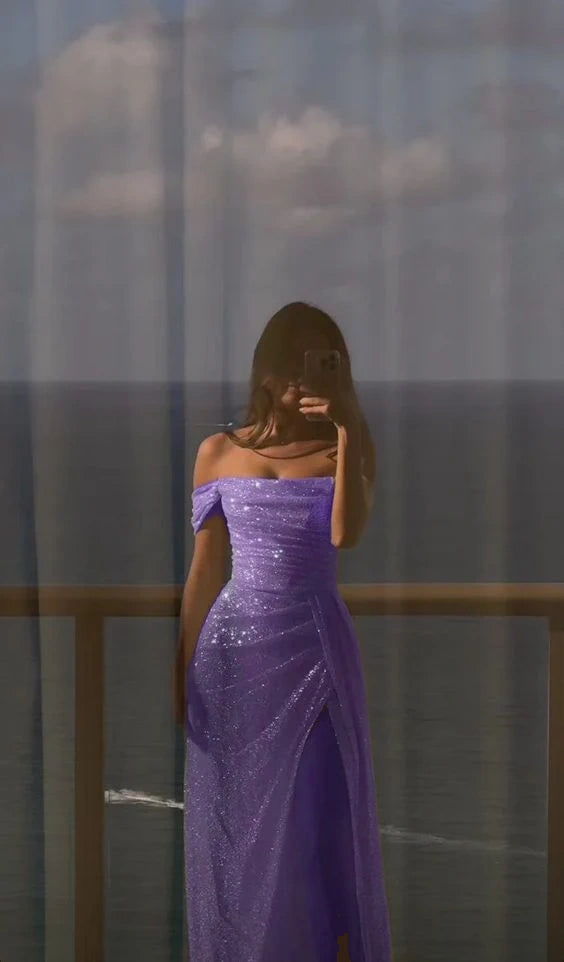 Off Shoulder White Sequin Side Slit Long Evening Prom Dresses, Sequin Wedding Dresses fg4934