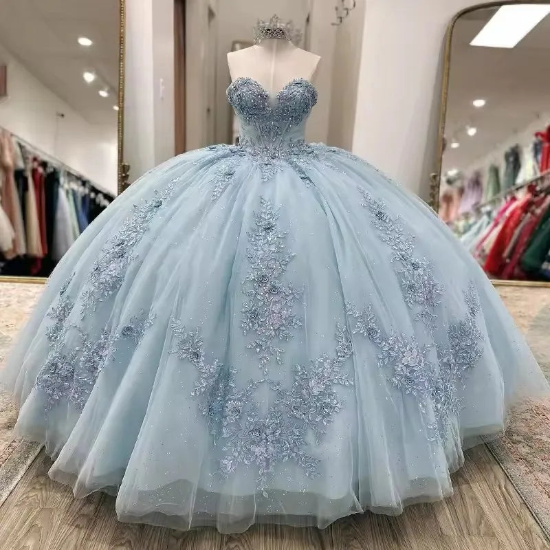 Sparkly Light Blue Quinceanera Dress Cape Flower Lace Vestidos de 15 Anos Birthday Party Princess Ball Gown fg7914