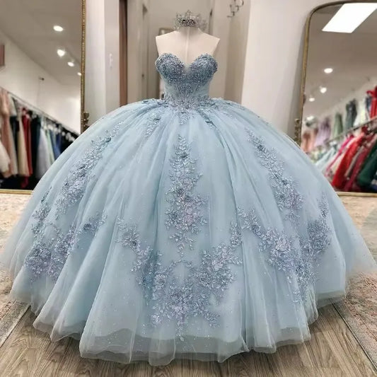 Sparkly Light Blue Quinceanera Dress Cape Flower Lace Vestidos de 15 Anos Birthday Party Princess Ball Gown   fg7914