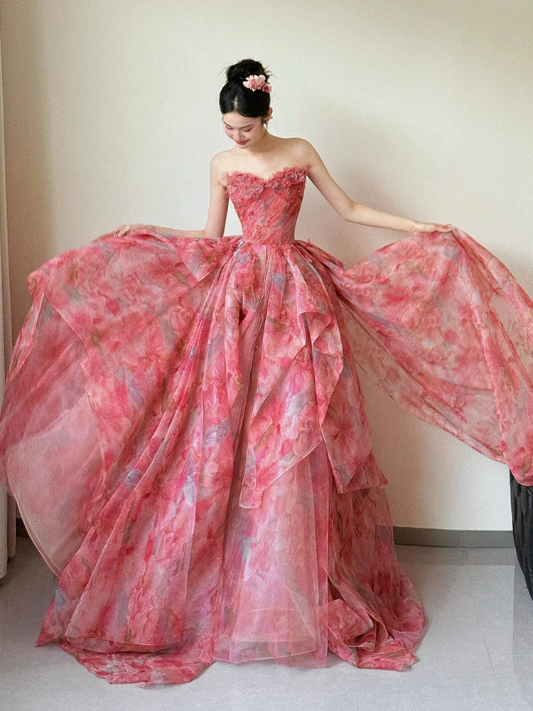 A Line Strapless Floral Print Long Prom Dress Sexy Evening Dresses fg7660