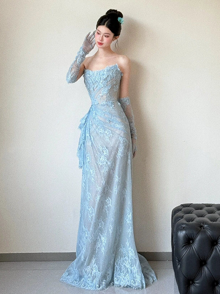 Blue Lace Mermaid Long Prom Dress Sexy Evening Dresses With Side Split fg7665