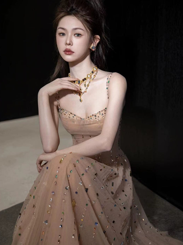 A Line Champagne Long Prom Dress Sexy Evening Dresses fg7663