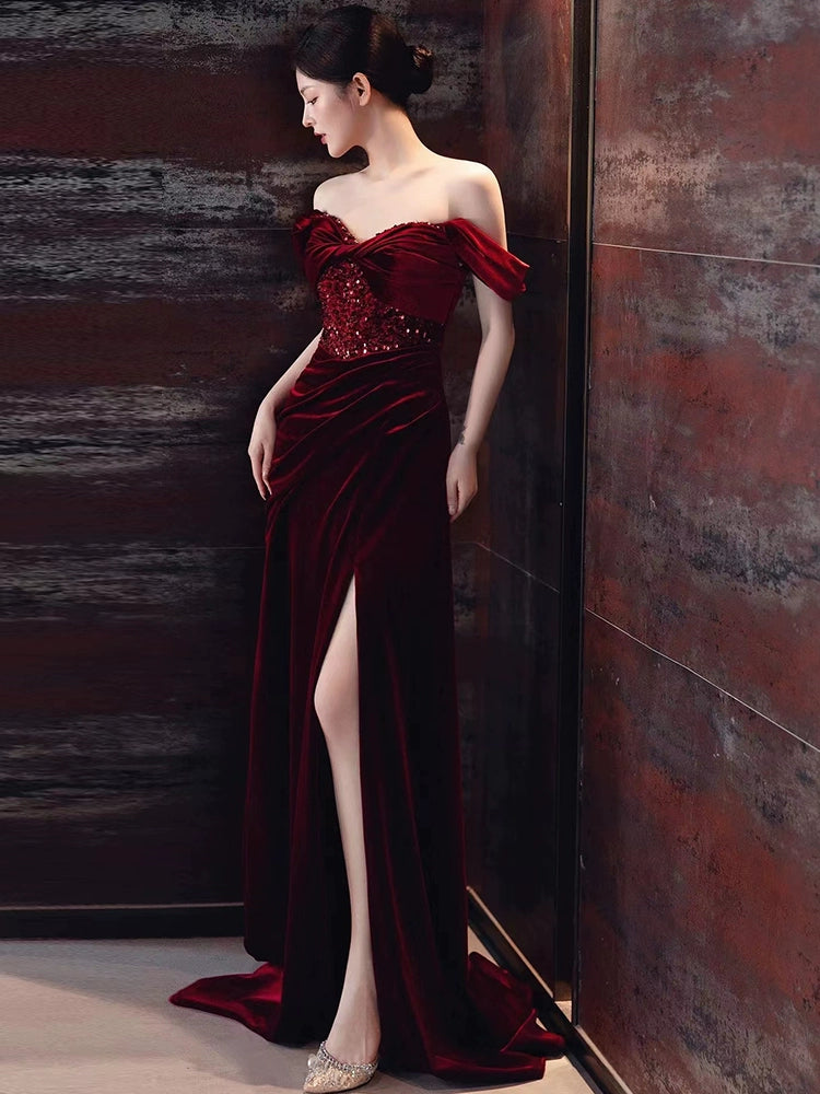 Burgundy Velvet Mermaid Long Prom Dress Off Shoulder Evening Dresses With Slit fg7669