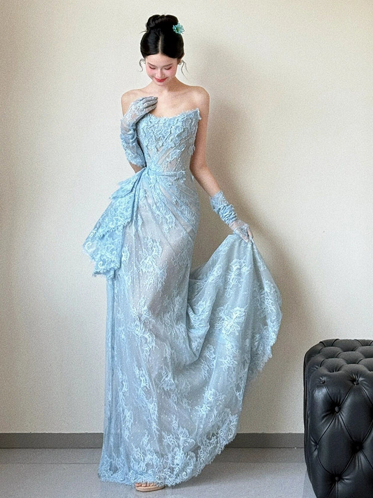 Blue Lace Mermaid Long Prom Dress Sexy Evening Dresses With Side Split fg7665