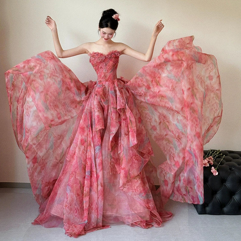 A Line Strapless Floral Print Long Prom Dress Sexy Evening Dresses fg7660