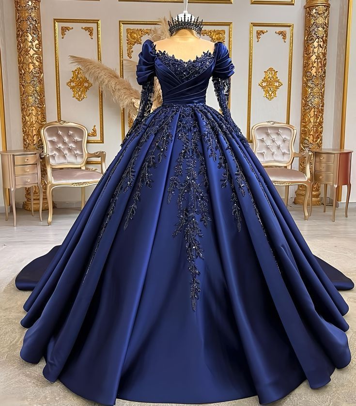 Elegant Navy Blue O-Neck Sequined Appliques Long Sleeves Quinceanera Evening Dress Ball Gown Floor Length Princess Prom Dress fg6858