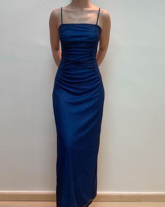 Spaghetti Straps Navy Sheath Sparkly Long Prom Dresses fg6912