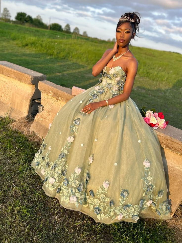 Strapless Green Quinceanera Dresses 3D Flower Applique Sweet 16 Dress Ball Gown fg6883