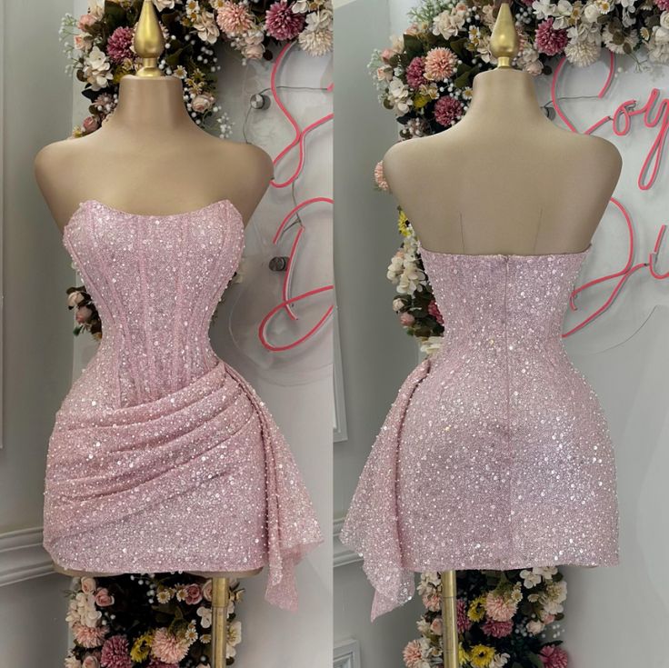 Pink Strapless Sequins Party Dress Mini Homecoming Dress Birthday Outfits fg6892