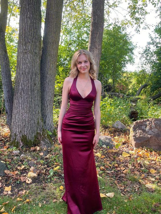 Simple Burgundy V Neck Long Party Dress Formal Prom Dress fg6917