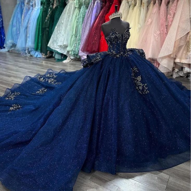 Navy Blue Sparkly Princess Quinceanera Dresses Applique Peplum Corset vestido de 15 quinceañeras Sweet 16 Ball Gown fg6840
