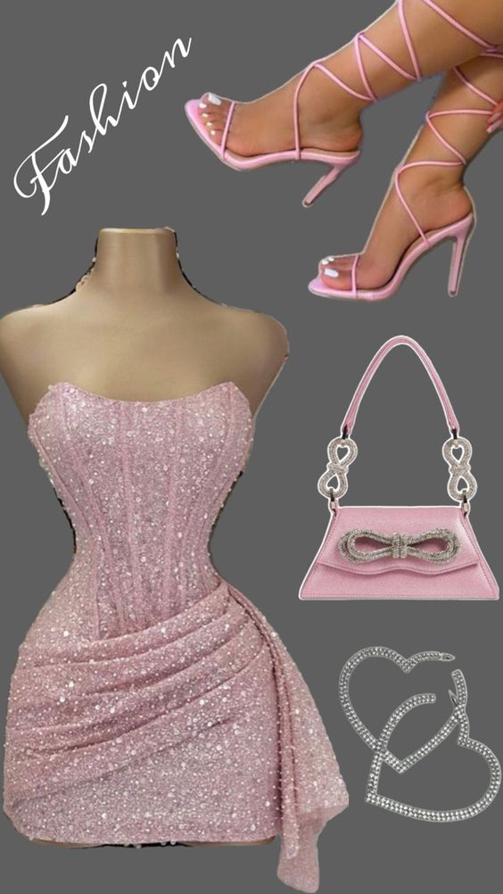 Pink Strapless Sequins Party Dress Mini Homecoming Dress Birthday Outfits fg6892