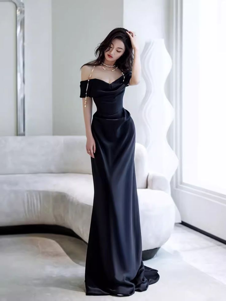 Simple Mermaid Off The Shoulder Black Prom Dresses Evening Dress fg6846