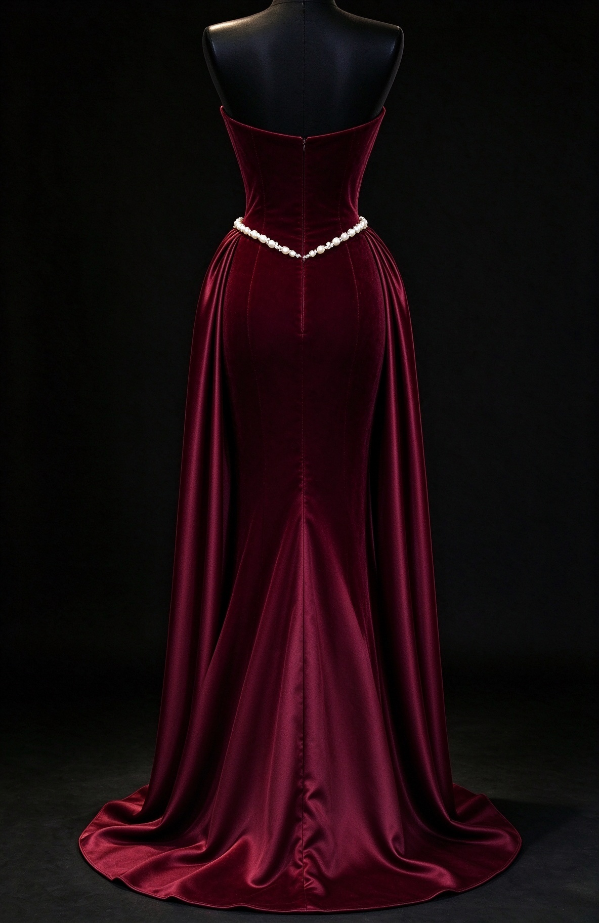 Elegant Strapless Burgundy Velvet Satin Pearl Trim Evening Gown For Wedding Party fg9004