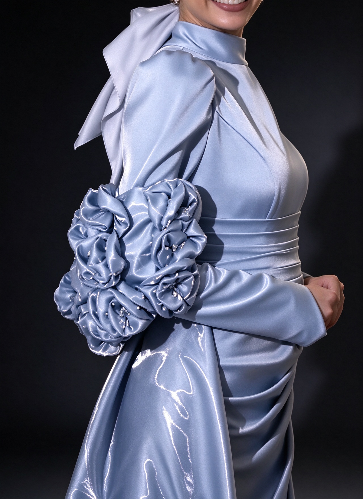 Light Blue High Neck Long Sleeve 3D Floral Satin Evening Gown fg8976