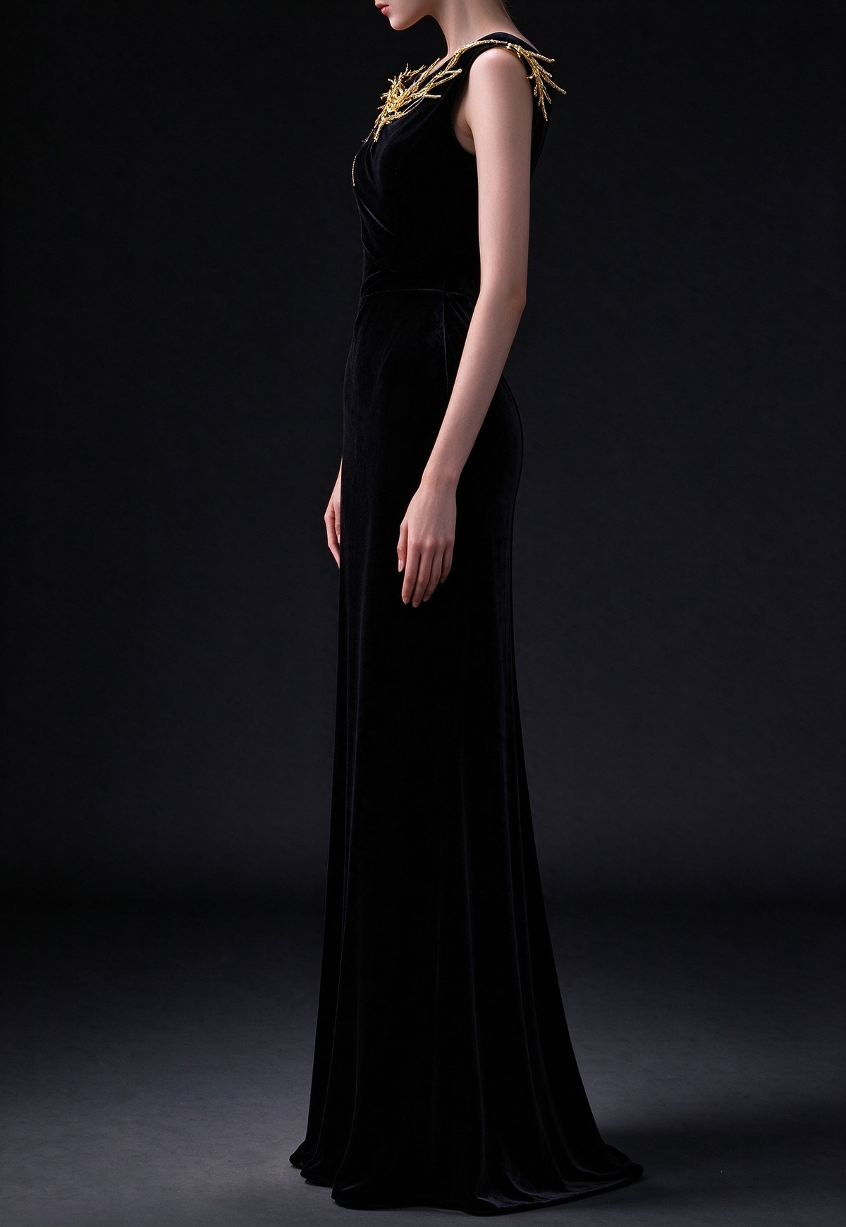 Black Velvet Cowl Neck Mermaid Evening Gown with Gold Branch Appliqué fg9021
