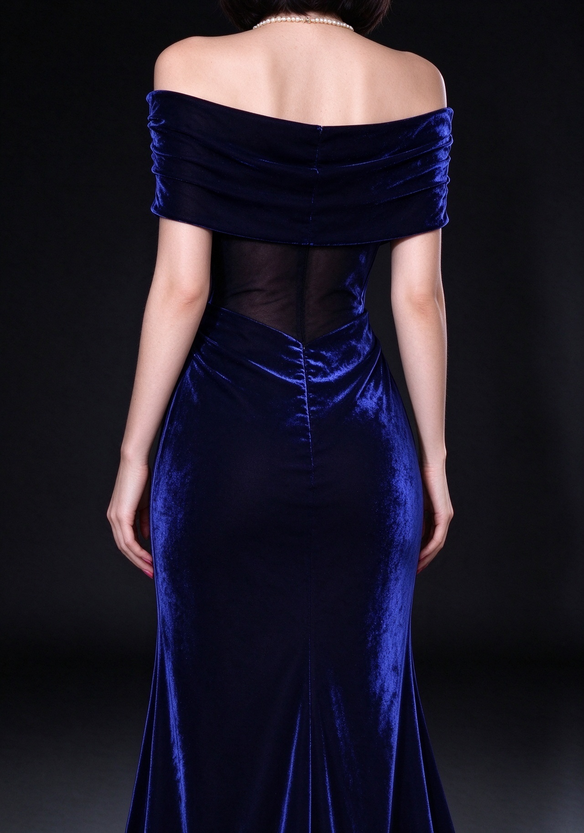 Navy Blue Velvet Off-the-Shoulder Mermaid Gown with Sheer Mesh Waist Panel fg9024