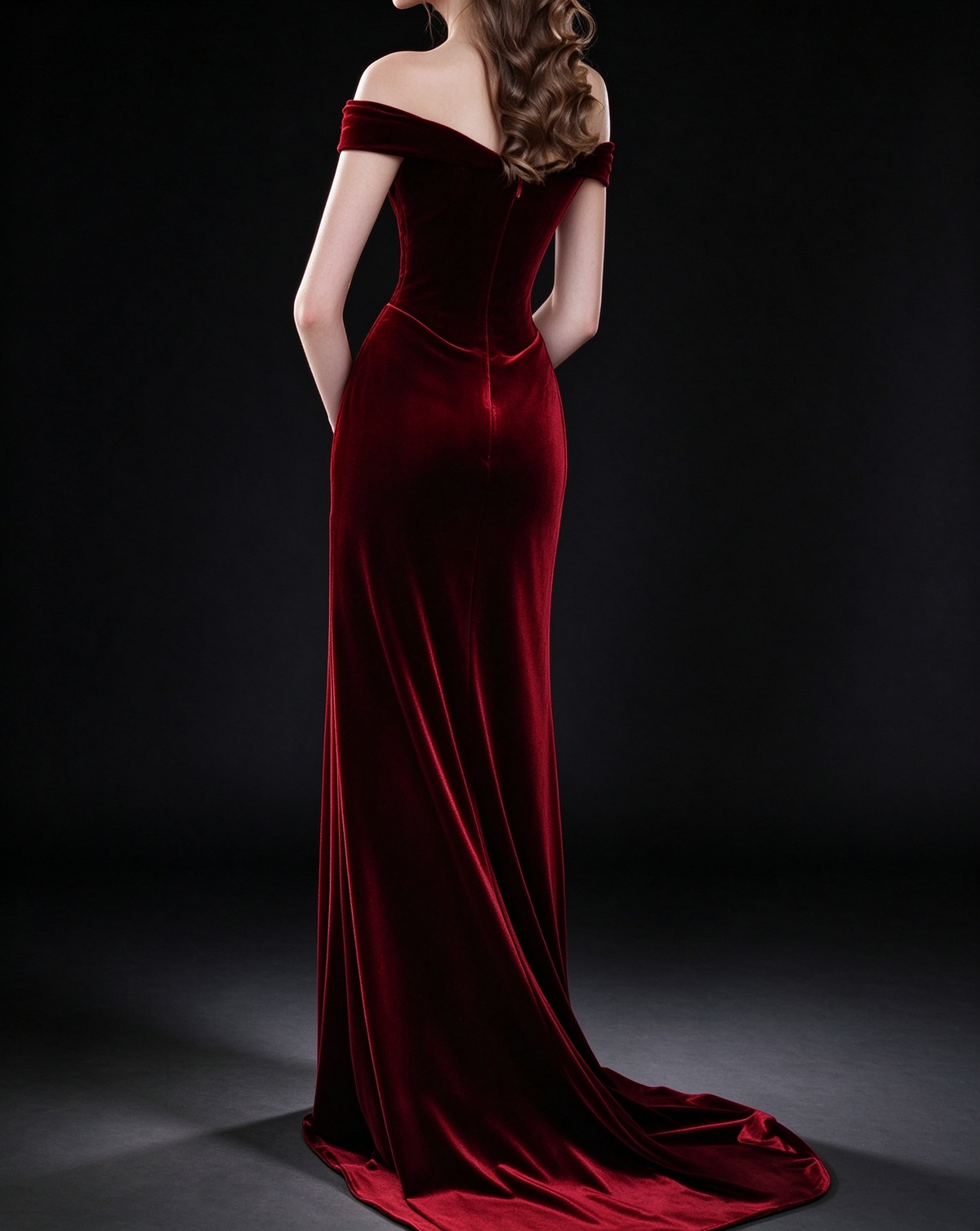 Burgundy Velvet Off-the-Shoulder Mermaid Evening Gown with Beaded Iris Embroidery & Draped Waist fg9026