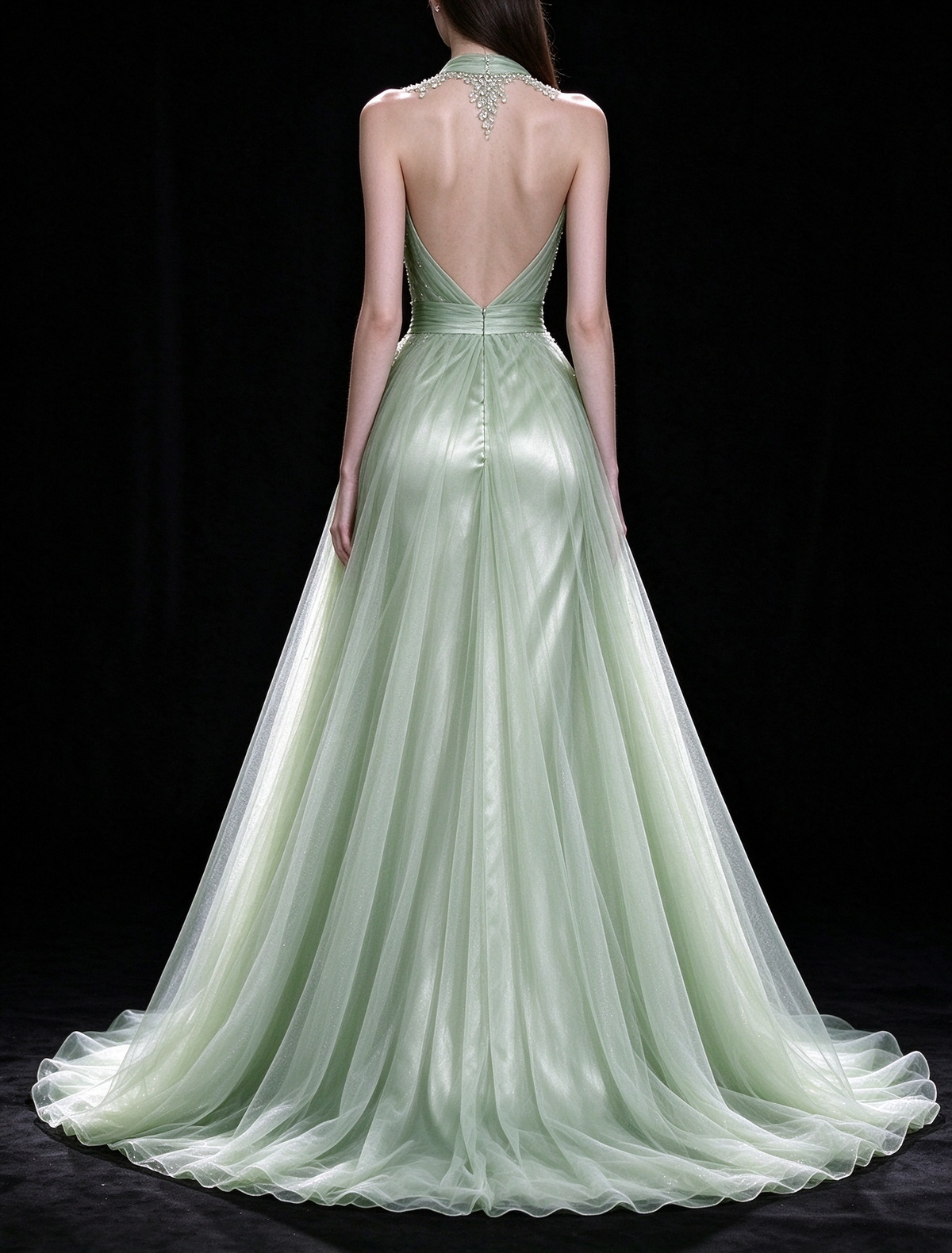 Sage Green Halter V-Neck Beaded Tulle Evening Gown fg9069