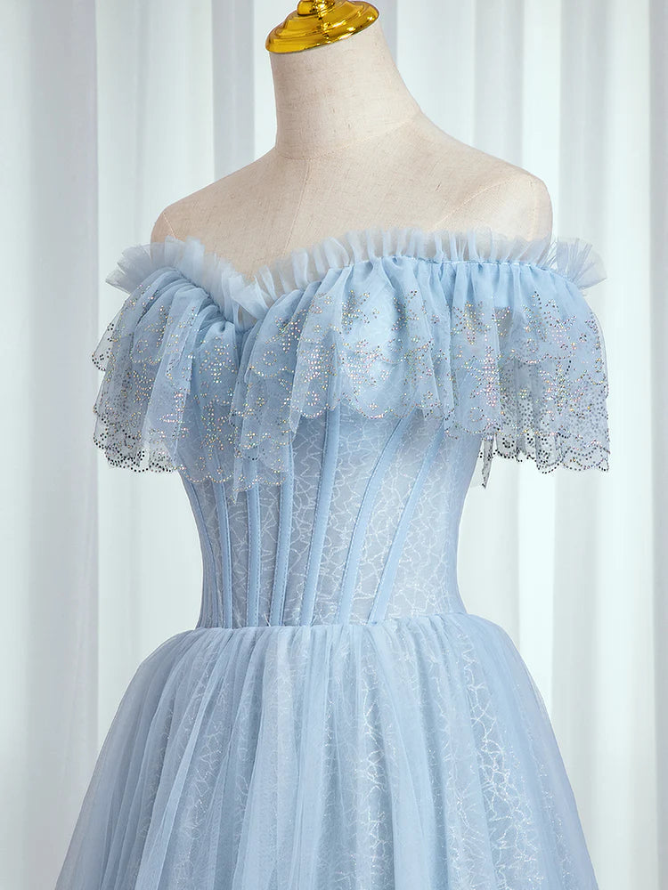 Blue Lace Sweetheart Beaded Off Shoulder Prom Dress, A-Line Blue Evening Dress fg4447