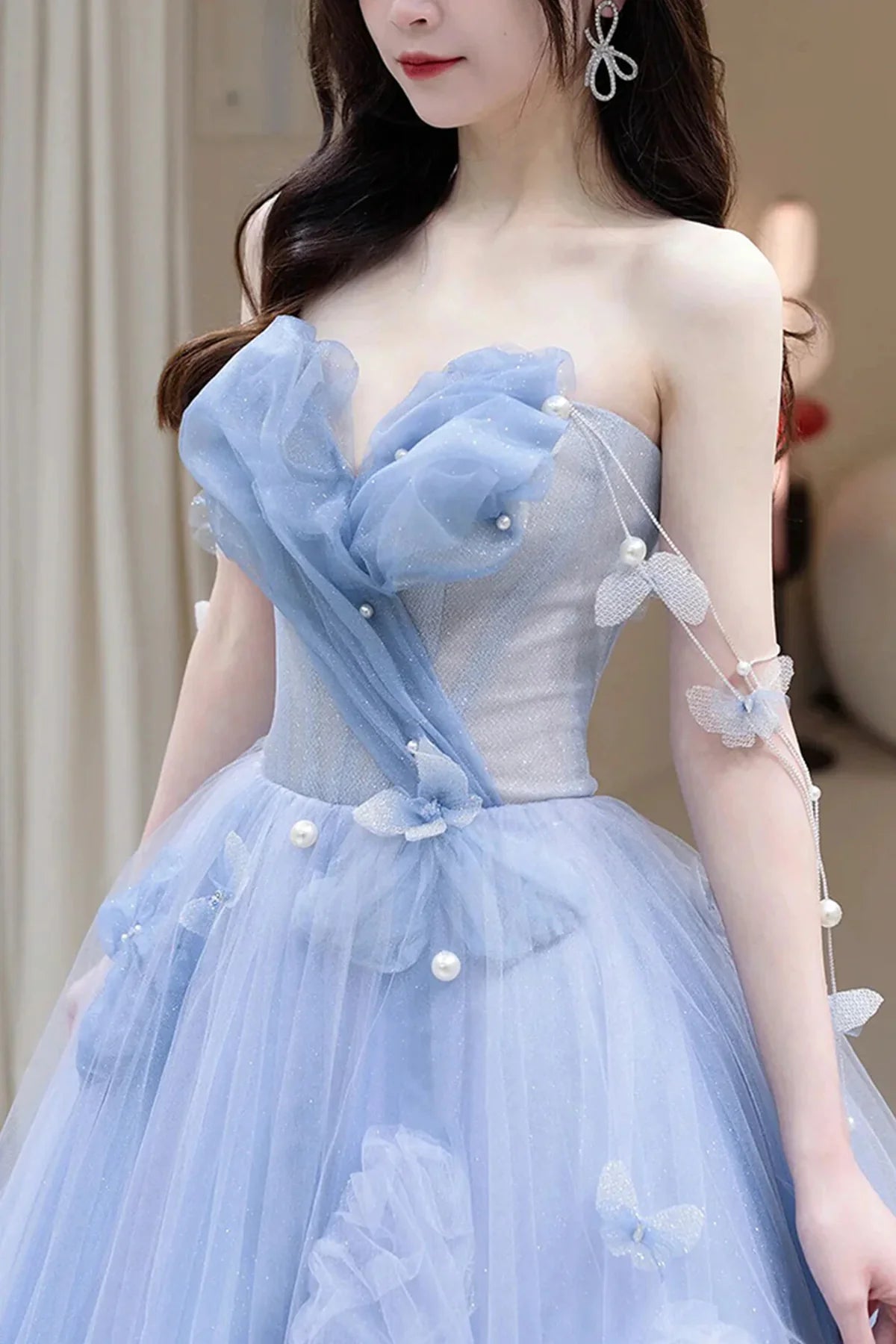 A Line Blue Tulle Long Prom Dress, Strapless Long Blue Beaded Tulle Formal Evening Dresses fg4442
