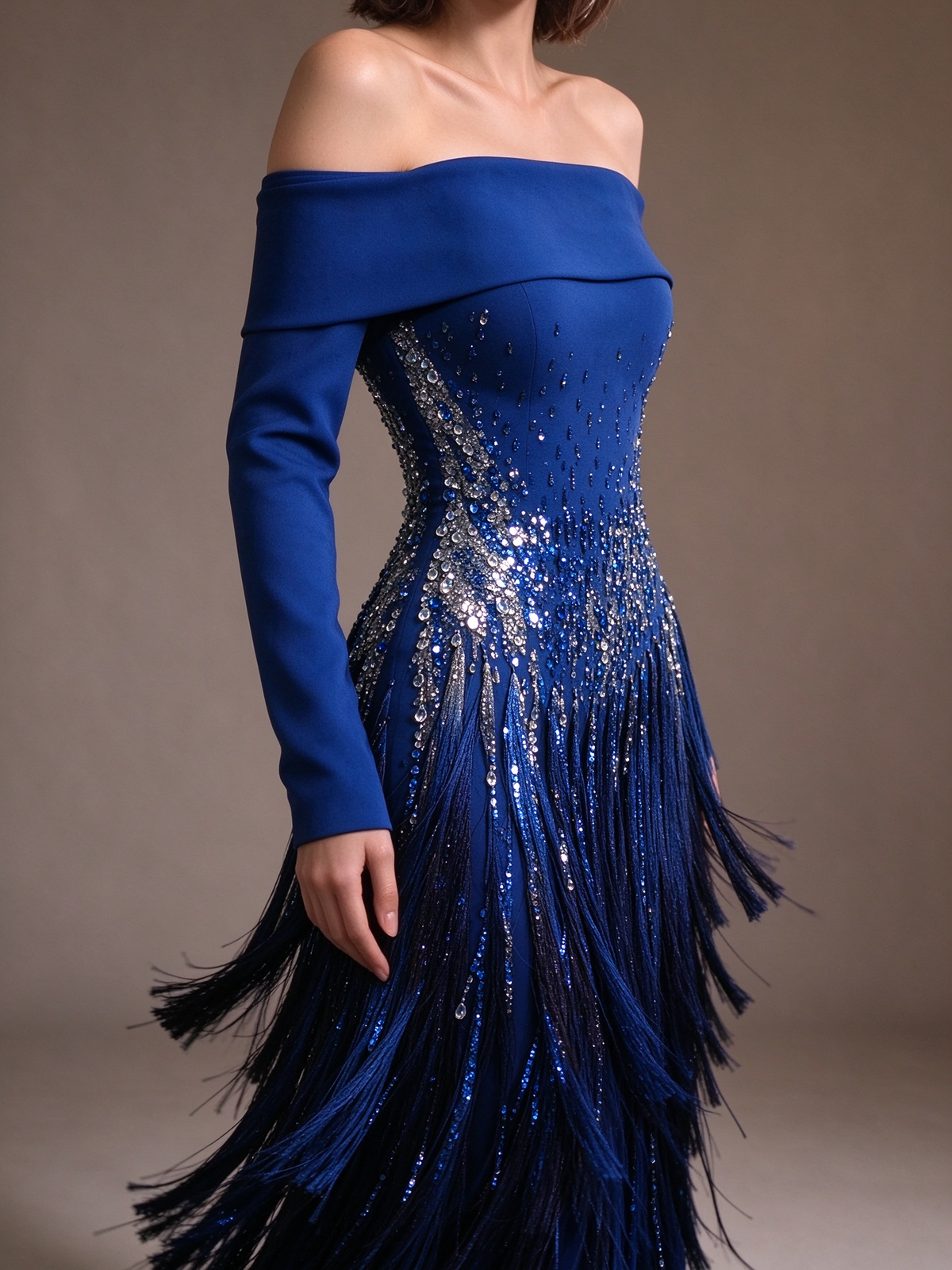 Royal Blue Off The Shoulder Long Sleeve Evening Gown With Beading & Tassel Fringe fg8995