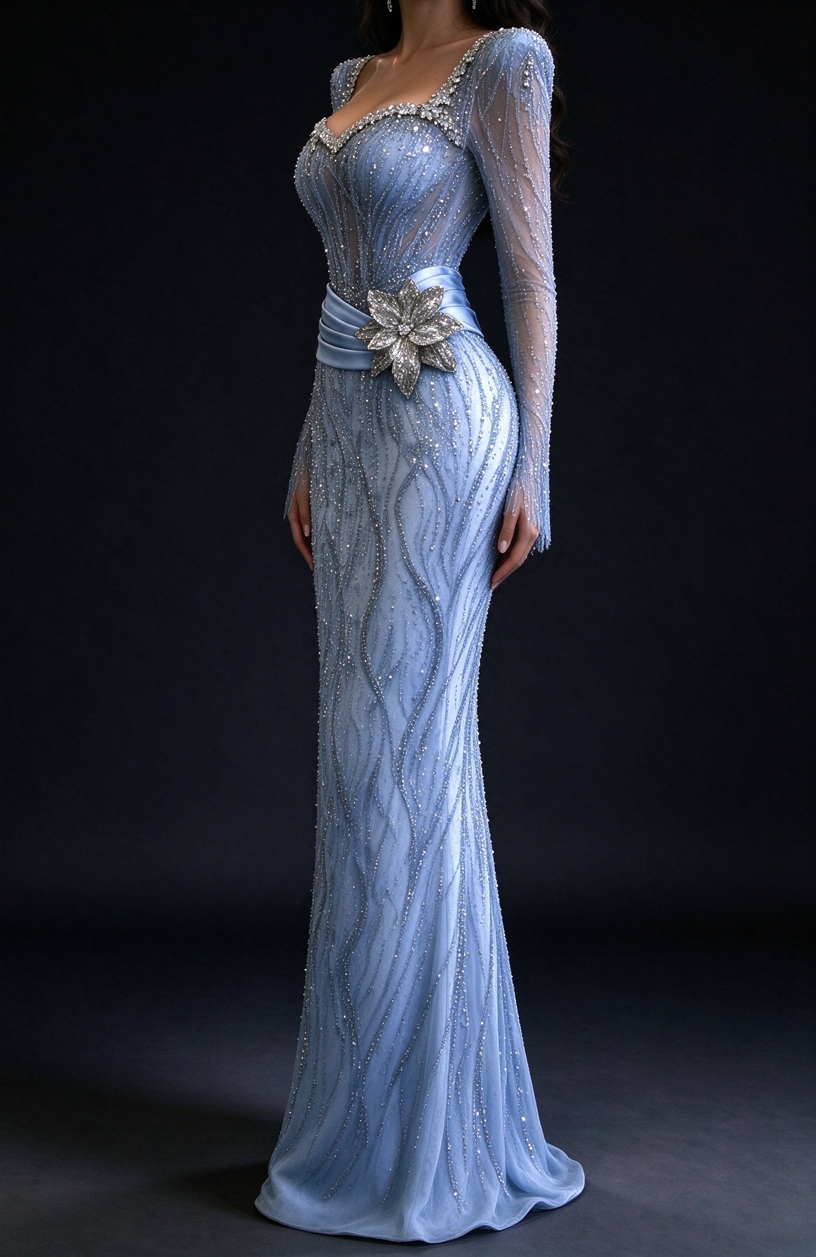 Light Blue Sheer Long Sleeve Mermaid Evening Dress with Rhinestone Sweetheart Neck & Satin Waist Flower fg9032