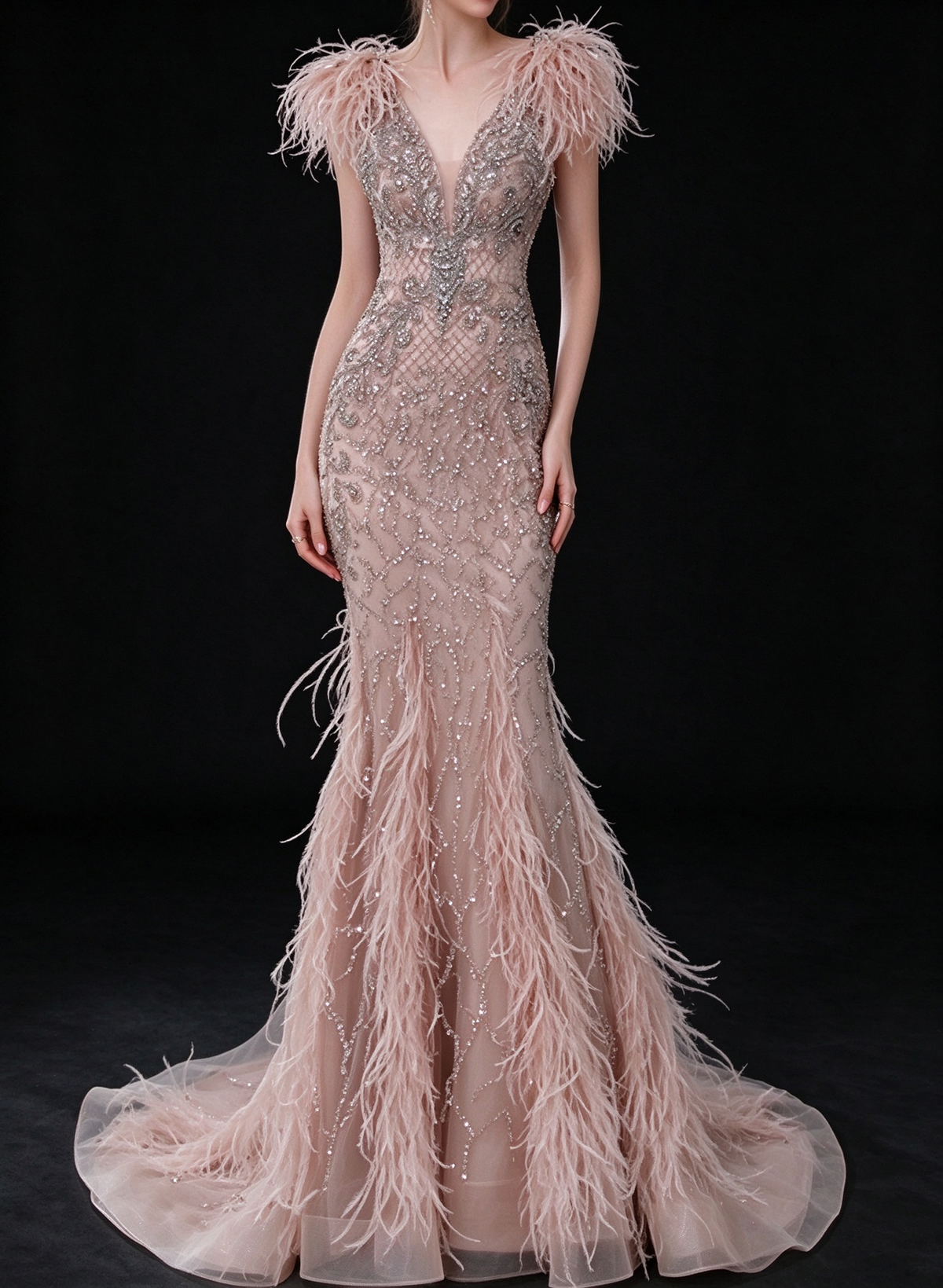 Blush V Neck Beaded Feather Mermaid Evening Dress fg9156