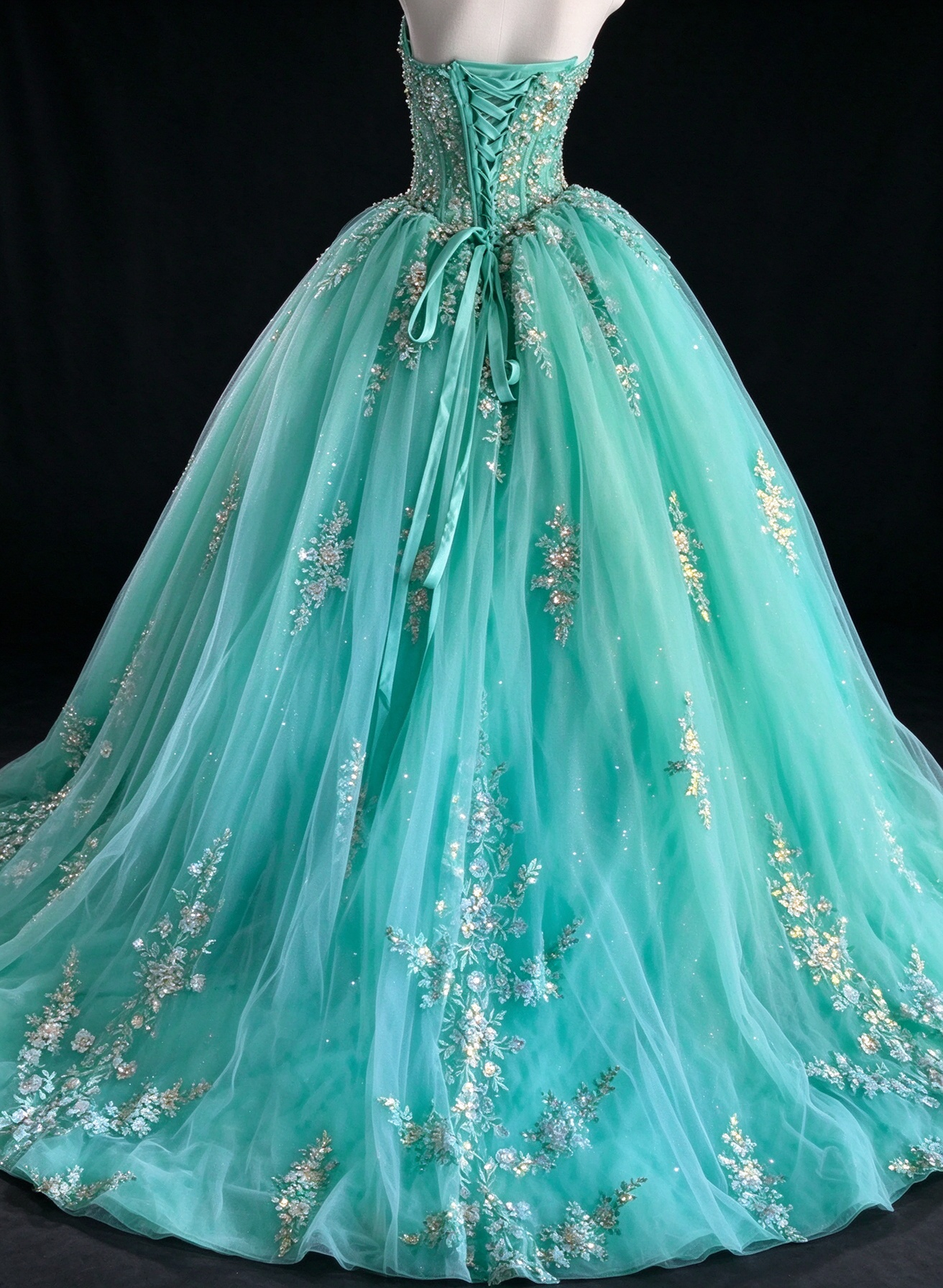 Turquoise Sweetheart Sequin Lace Tulle Ball Gown fg9086