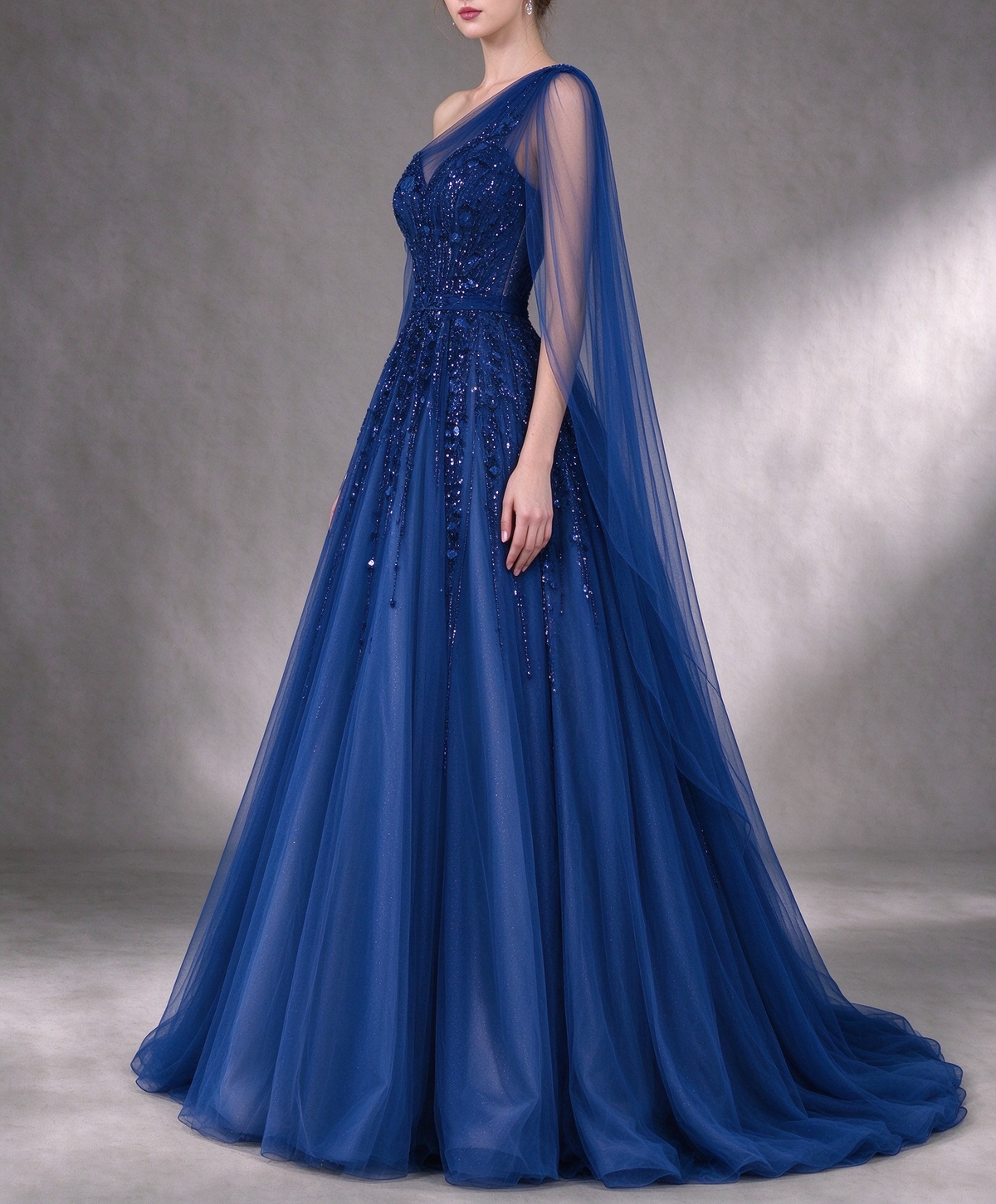 Royal Blue One Shoulder A-Line Tulle Evening Gown With Heavy Sequins Beading fg8992