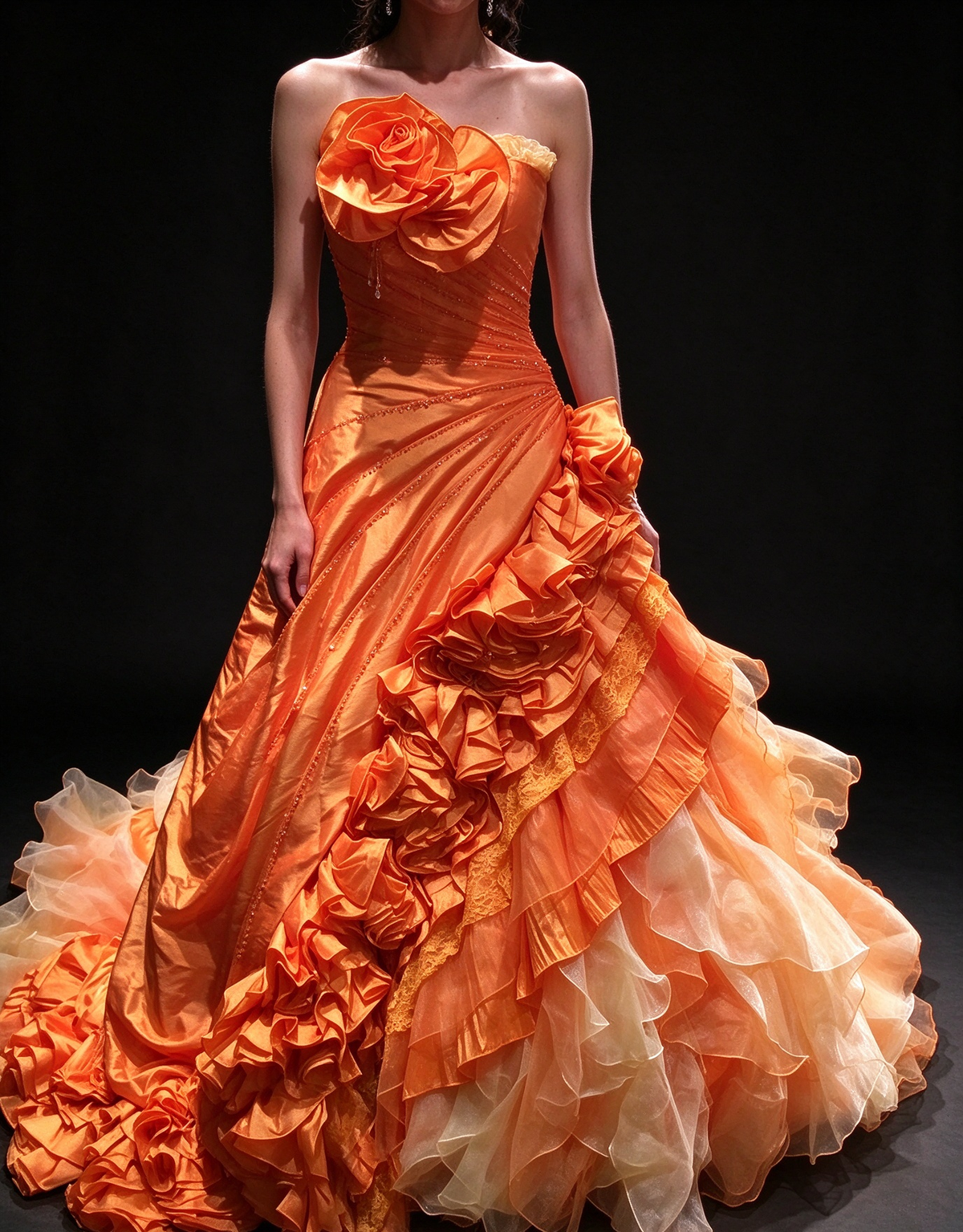 Strapless 3D Rose Ruffled Orange Satin Ball Gown, Formal Evening Dress fg8915