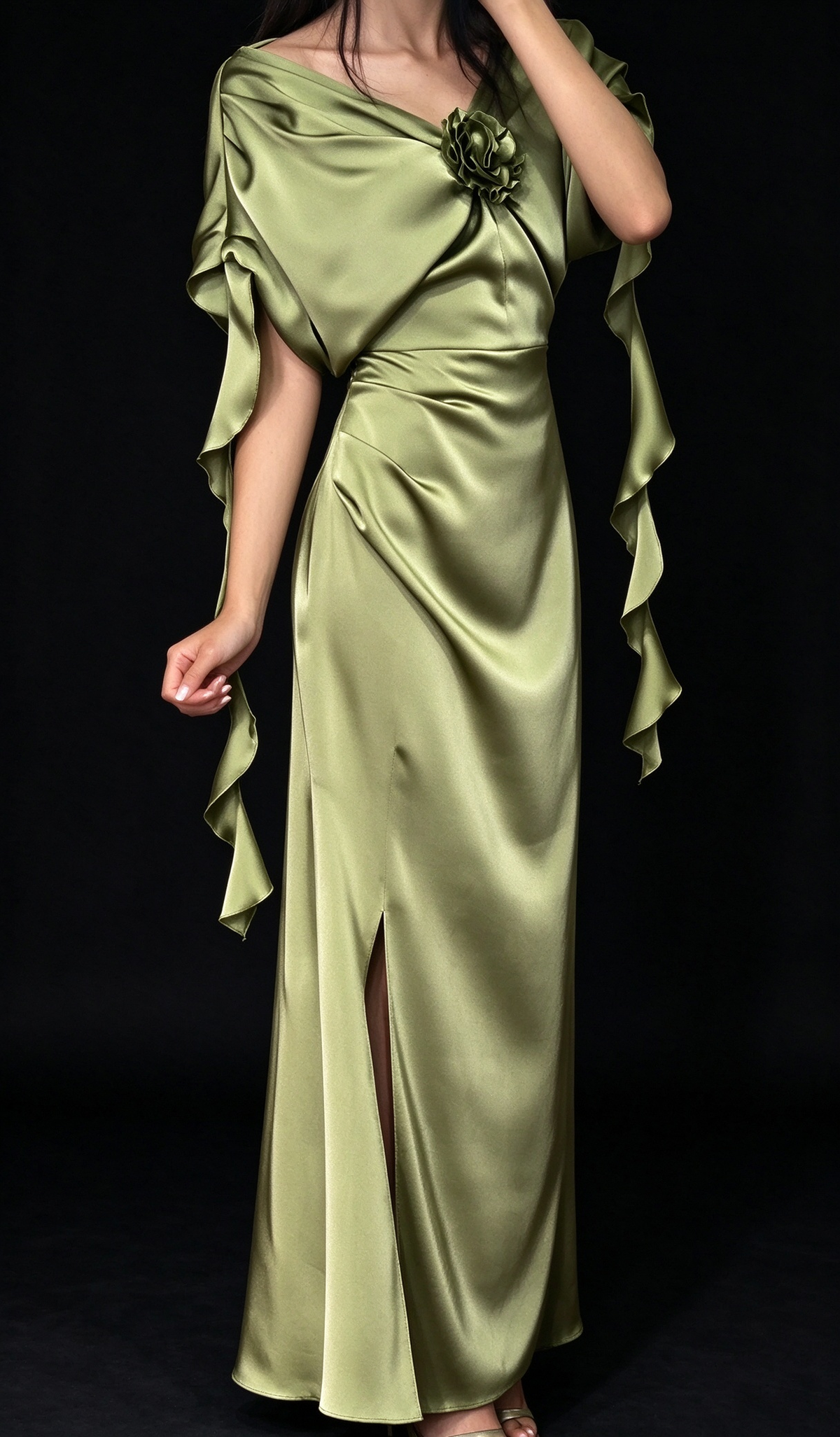 Olive Green Satin Draped Cowl Neck 3D Flower Split Evening Dress fg8969