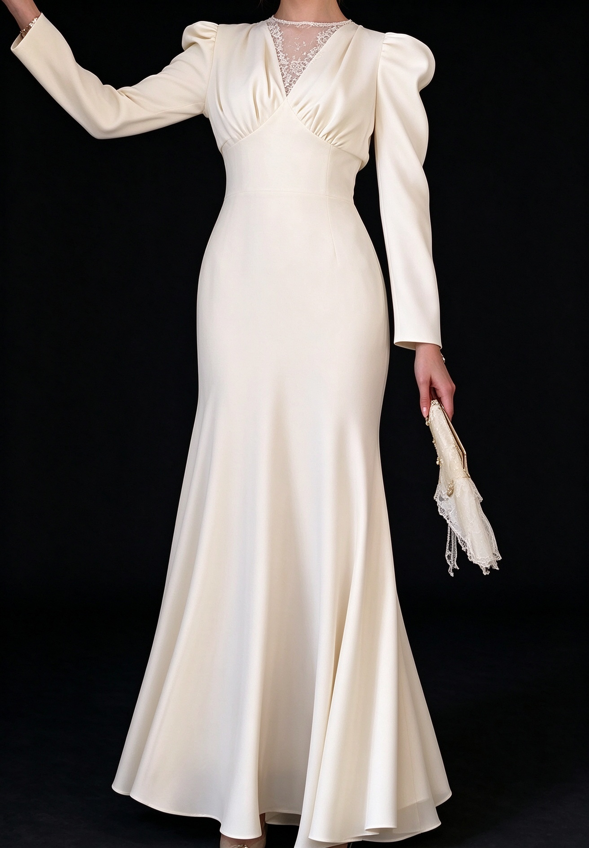 Ivory Satin Puff Long Sleeve Lace V Neck Mermaid Wedding Dress fg8972