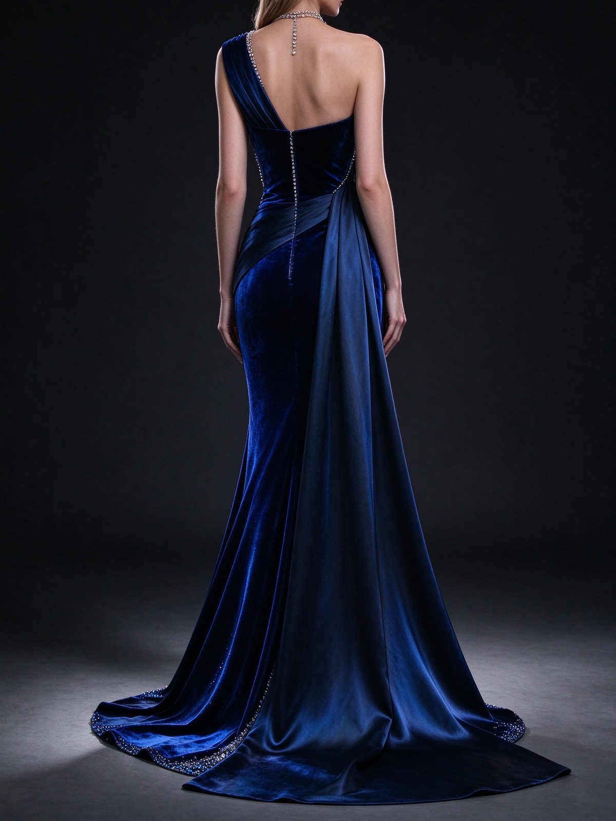 Royal Blue One Shoulder Velvet Mermaid Evening Gown With Satin Drape & Rhinestone Belt fg8997