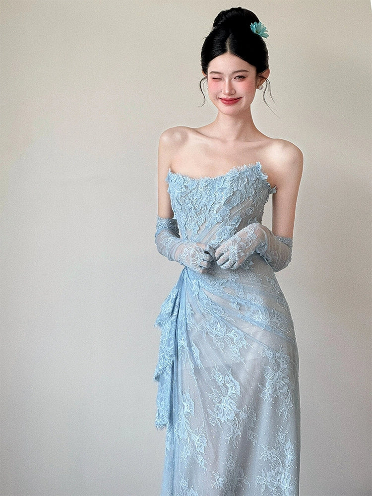 Blue Lace Mermaid Long Prom Dress Sexy Evening Dresses With Side Split fg7665