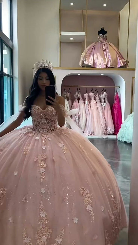 Pink A Line Off Shoulder Princess Quinceanera Dress Ball Gown, Sweet 16 Dresses   fg8123