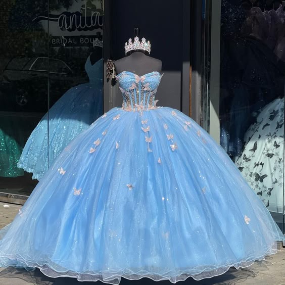 Sky Blue Quinceanera Dresses 3D Butterfly Sweet 16 Prom Birthday Party Ball Gown fg6604