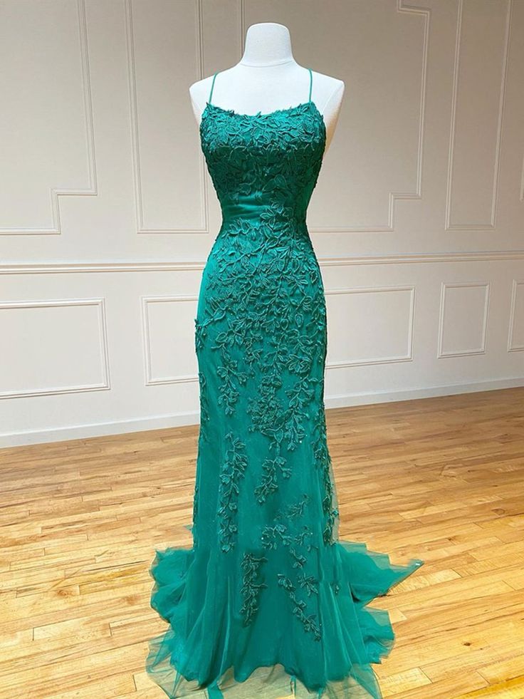 Mermaid Backless Green Lace Long Prom, Mermaid Green Formal, Green Lace Evening Dress fg5833