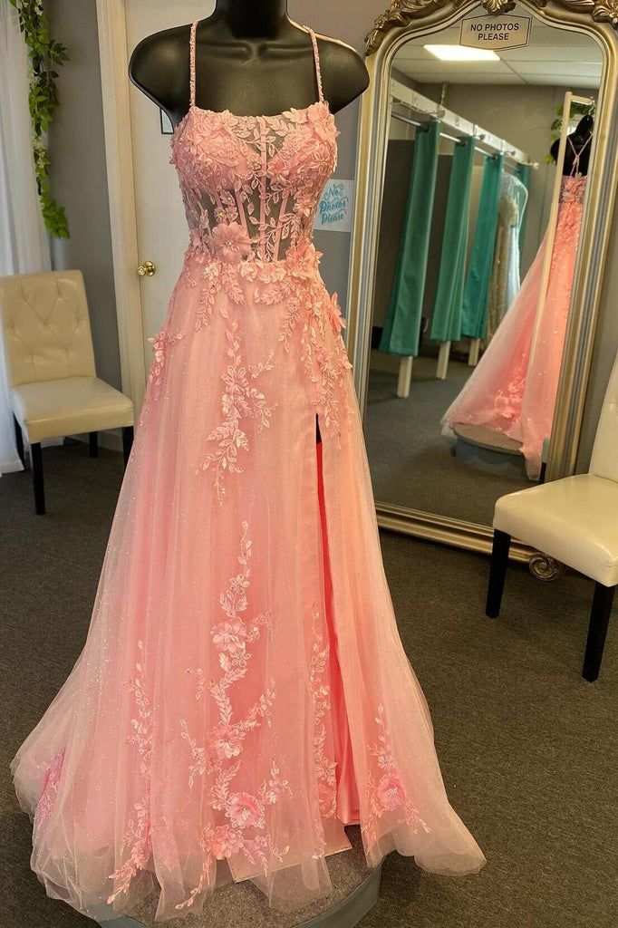 Shiny Straps Pink 3D Floral A-line Long Prom Formal Dress With Slit fg5939