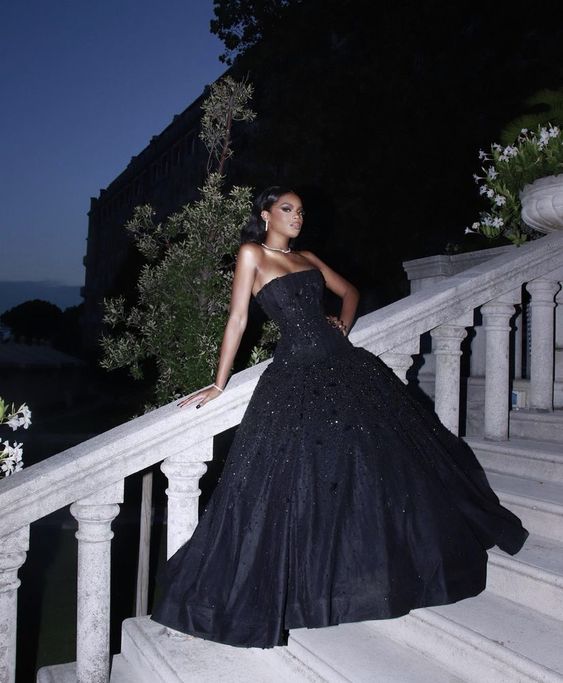 A Line Black Long Prom Dresses, Strapless Evening Party Dress fg5503