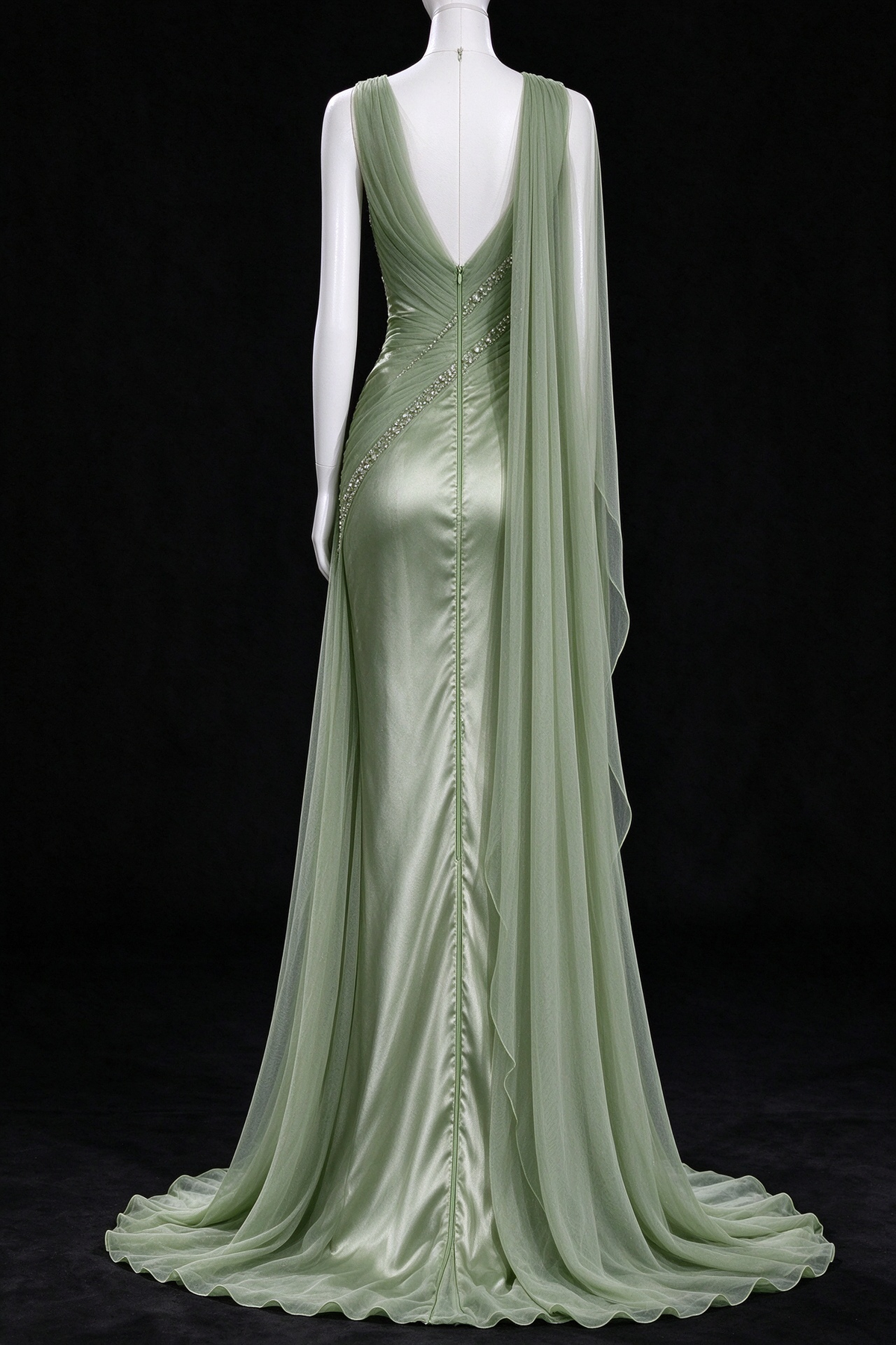Sage Green One Shoulder Beaded Satin Tulle Evening Gown fg9075