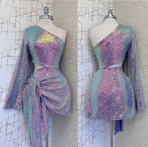 One Shoulder Sequined Homecoming Dress with Sleeve fg6243