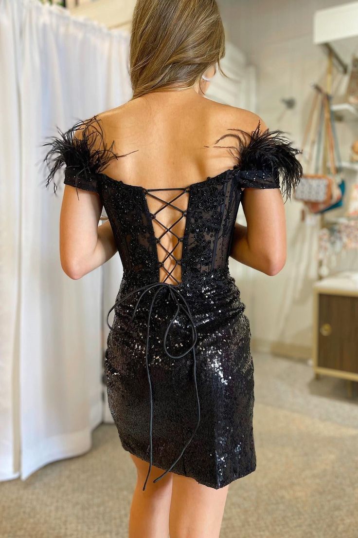 Black Sequin Off-the-Shoulder Lace-Up Short Gown with Feathers fg5976