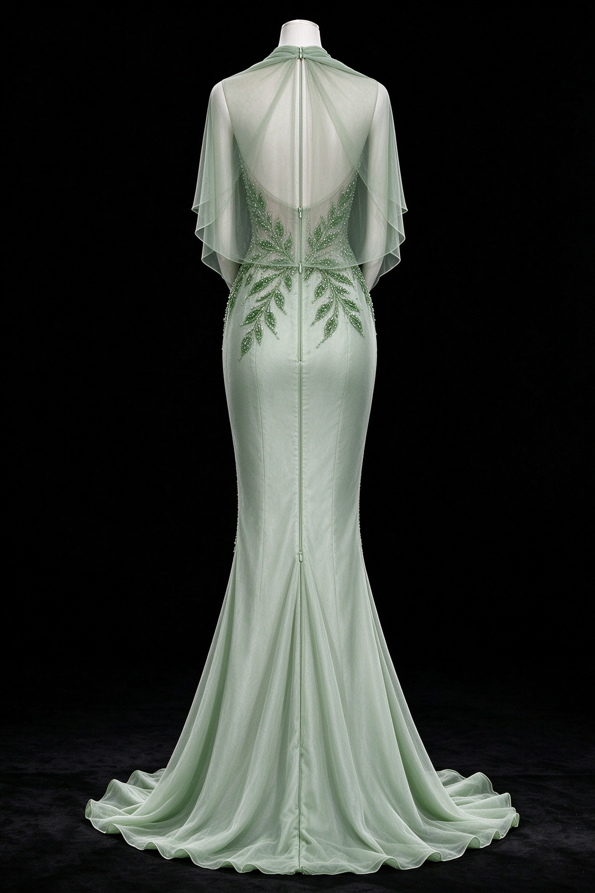 Sage Green Cape Leaf Beaded Tulle Mermaid Evening Gown fg9073