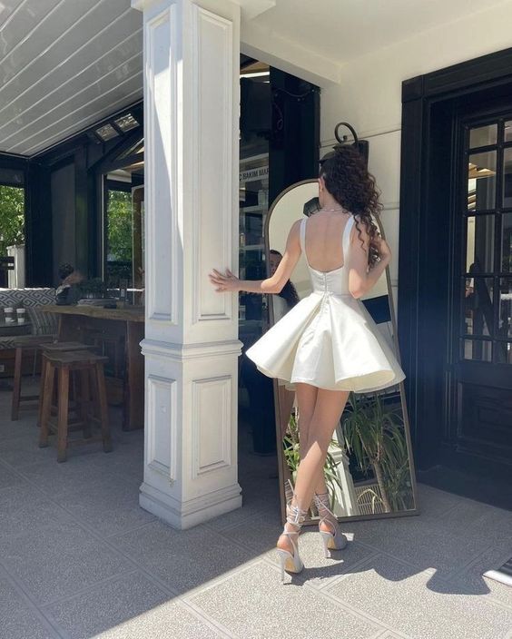 Elegant Short Homecoming Dresses Square Collar Satin Sleeveless A Line Mini Length Custom Made Female Dress fg5405