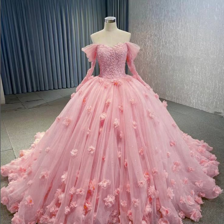 Pink Tulle Off the Shoulder Appliques Ball Gown Wedding Dress Sweet 16 Dresses fg6813