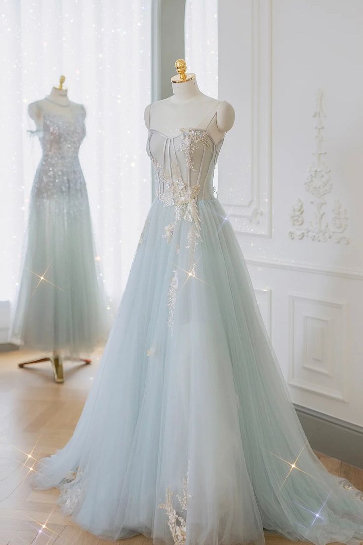 Blue Tulle Lace Long Prom Dress, A-Line Strapless Evening Dress fg5690