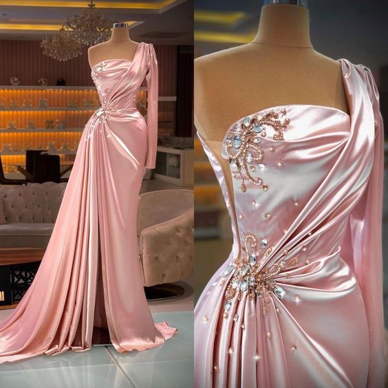 Pink Prom Dresses, Pink Evening Dresses, Strapless Prom Dresses, Beaded Prom Dresses, Pearls Prom Dresses fg5850